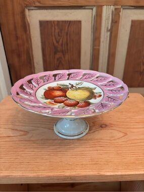 Porcelain Fruit Pedestal Compote with Pink Rim